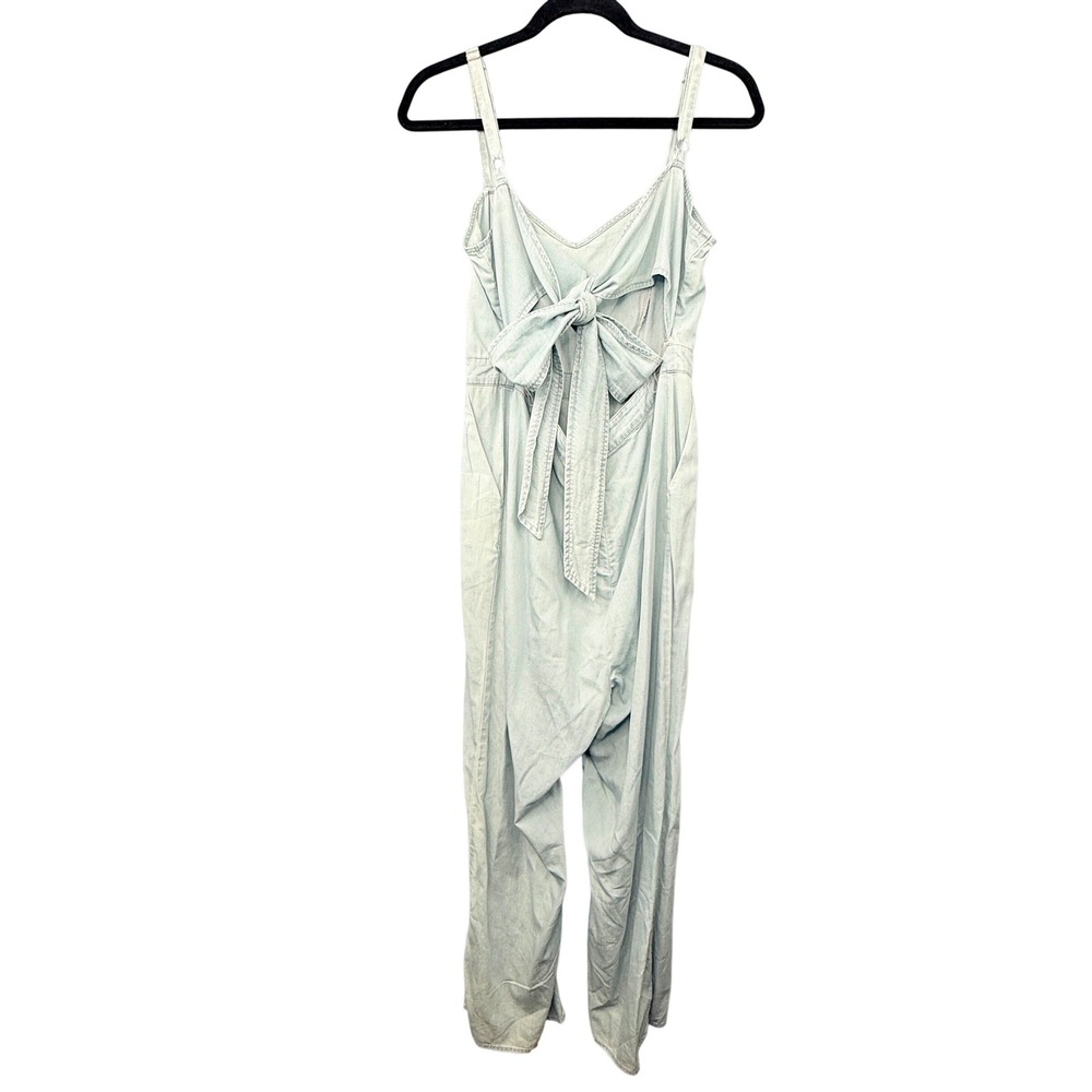 Express Jumpsuit Womens 12 Blue Tie Back Cutout Chambray Sleeveless Wide Leg